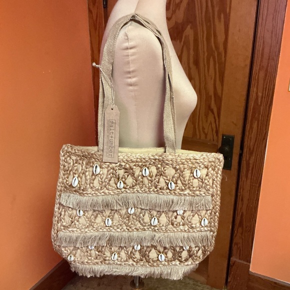 Salt & Umber Woven Straw Tote Bag Shell Detail Fringe Boho NWT - Picture 10 of 11